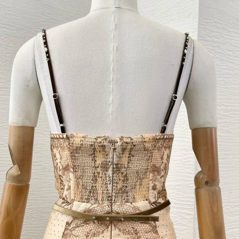 Elegant Floral Print Linen Silk Cut Out Strapless Midi Dress for Women